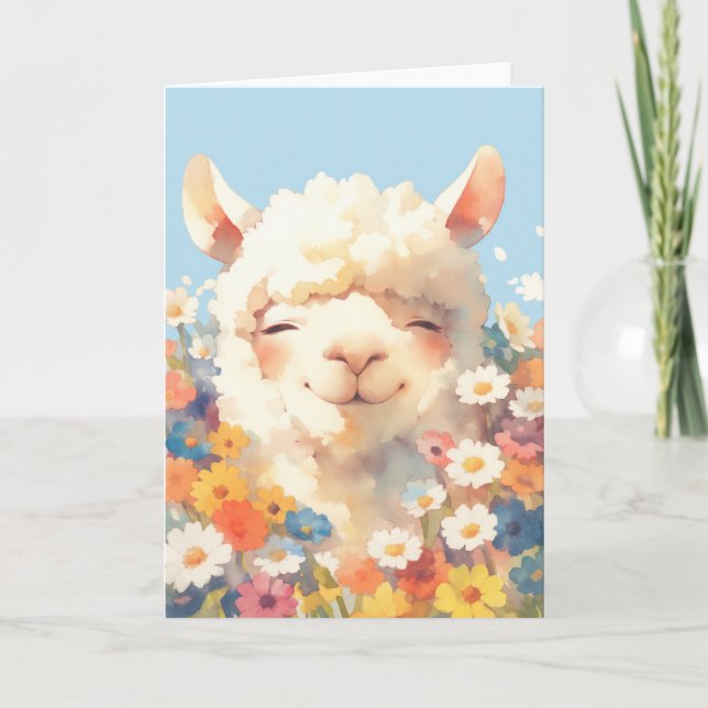 Tarjeta Alpaca escondiéndose entre flores (Anverso)