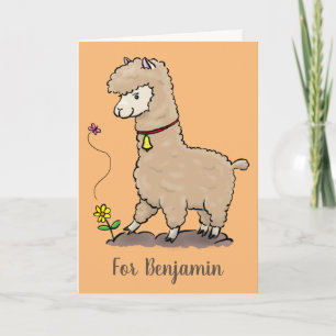 Tarjeta Alpaca feliz con personalizado de mariposa