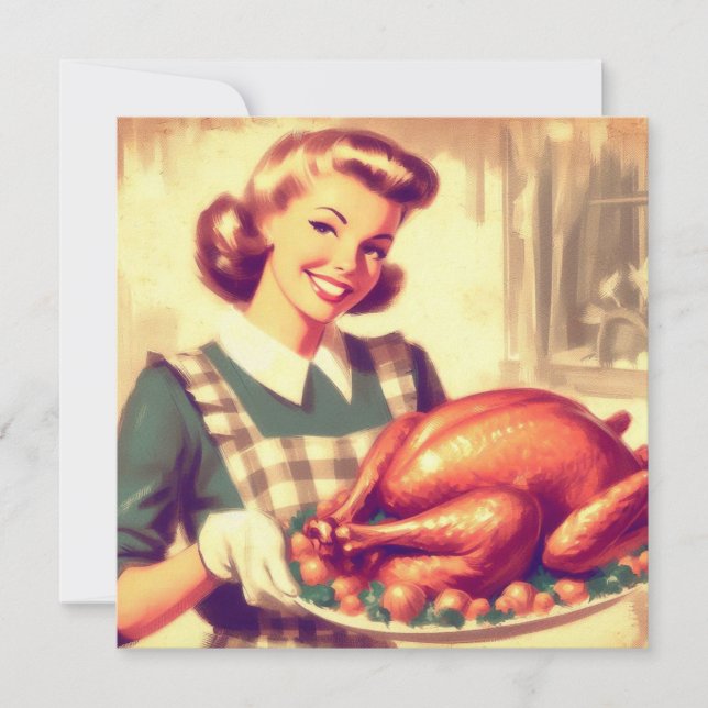 Tarjeta Ama de casa retro con pavo de Acción de Gracias vi (Anverso)