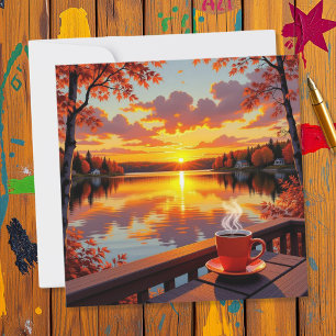Tarjeta Amanecer en la casa del lago y café caliente