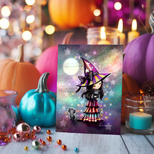 Tarjeta Amante de Gatos Pequeños Bruja de Halloween y Gato