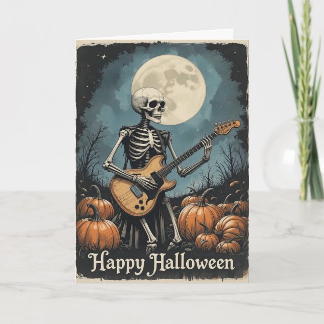 Tarjeta Amantes de la música de Halloween con esqueletos r (Anverso)