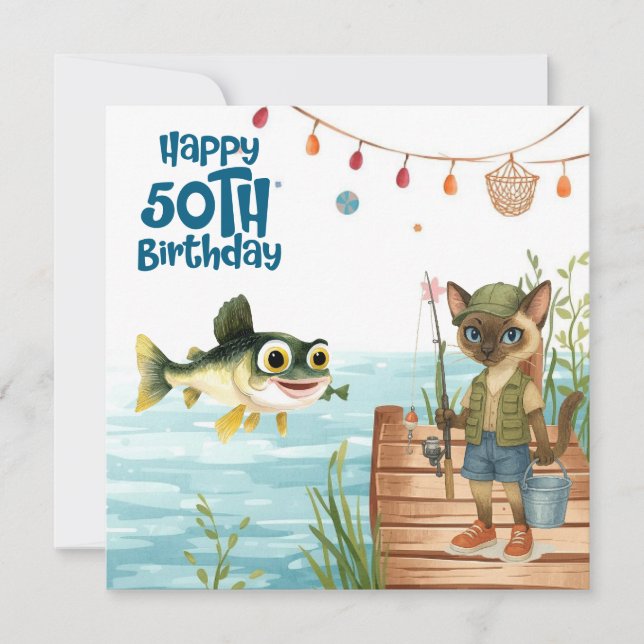 Tarjeta Amantes de la pesca 50 cumpleaños acuarela de pece (Anverso)