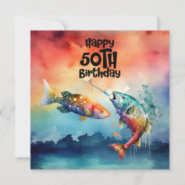 Tarjeta Amantes de la pesca 50 cumpleaños acuarela de pece