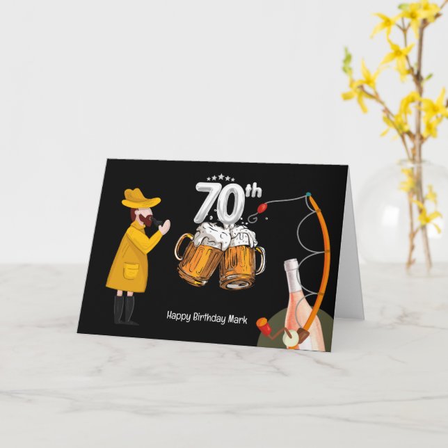 Tarjeta Amantes de la pesca 70 cumpleaños (flor amarilla)
