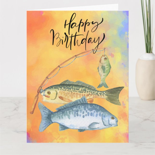 Tarjeta Amantes de la pesca cumpleaños con acuarela de pes (Anverso)