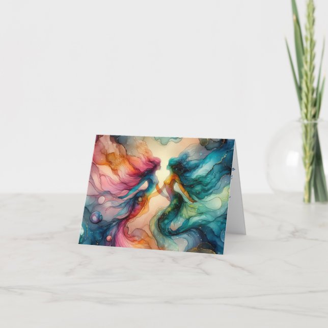 TARJETA AMANTES DE MERMAID VIBRANT ALCOHOL INK (Anverso)