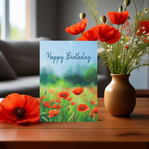 Tarjeta Amapola Roja Floral Doble Feliz Cumpleaños