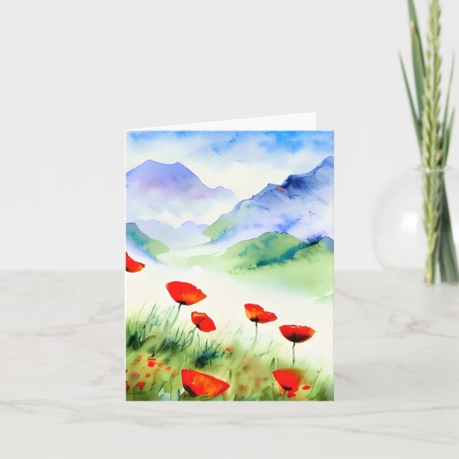 Tarjeta Amapolas acuarela y montaña personalizables (Anverso)