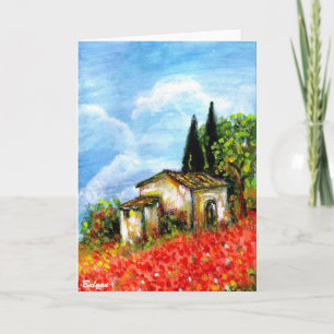 Tarjeta AMAPOLAS EN PAISAJE DE TOSCANA Campos de flores ro