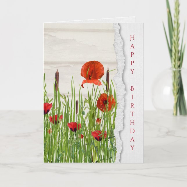 Tarjeta amapolas rojas con cumpleaños de los cattails (Anverso)