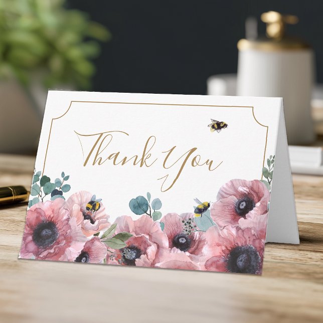 Tarjeta Amapolas Rosadas y Abejas Gracias (Pink Floral Thank You Card)