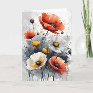 Tarjeta Amapolas y margaritas - Flores de acuarela