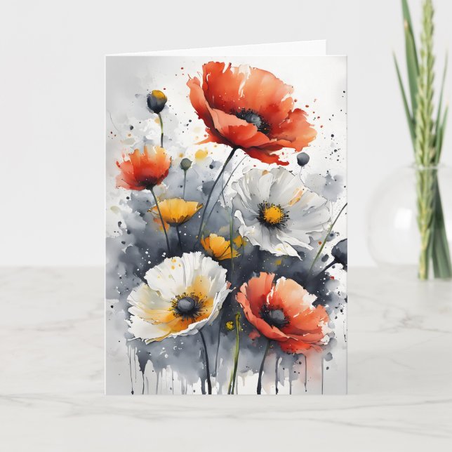 Tarjeta Amapolas y margaritas - Flores de acuarela (Anverso)
