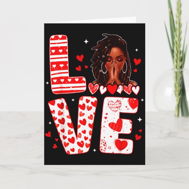 Tarjeta Amar mujer afro orando corazón de San Valentín muj (Anverso)