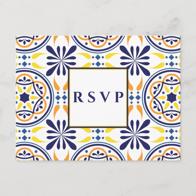 Tarjeta amarilla de azulejos españoles boda RSVP E (Anverso)