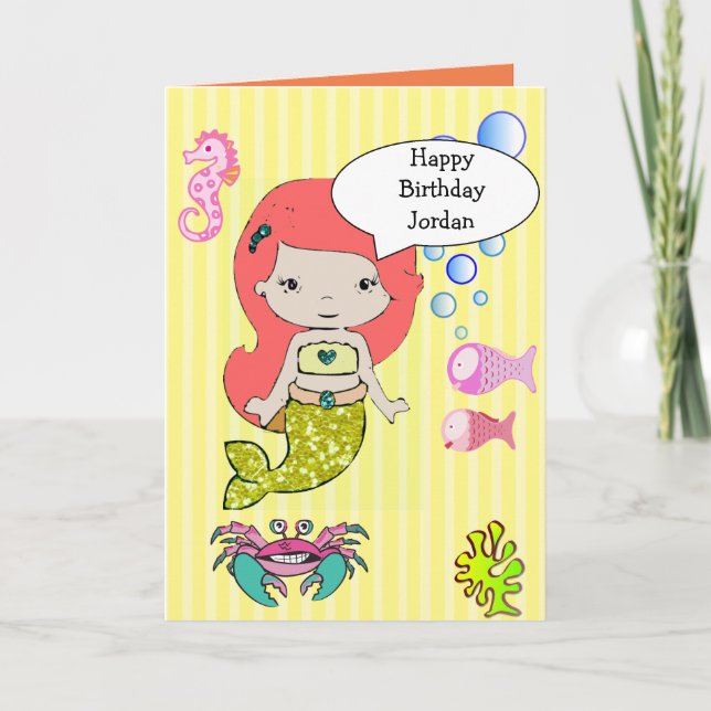Tarjeta amarilla del feliz cumpleaños de la sirena (Anverso)