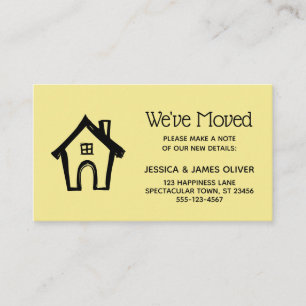 Tarjeta amarilla pálida "We've Moved" con Little H