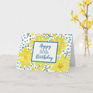Tarjeta Amarillo Daisy Bouquet Dots Azules Personalizado C