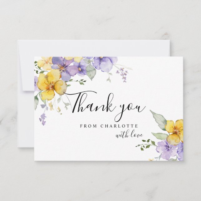 Tarjeta Amarillo Morado Floral Bridal Shower Gracias (Anverso)