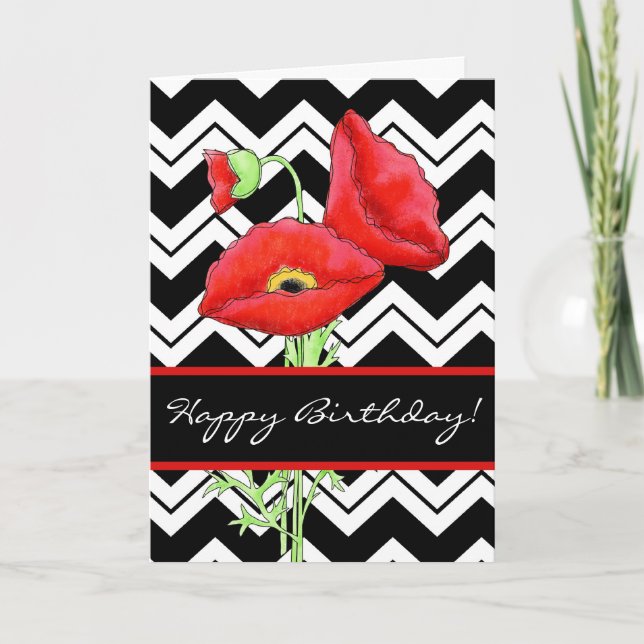 Tarjeta Amarillo Rojo Negro y Blanco Zizzag Chevron Cumple (Anverso)