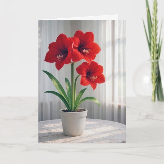 Tarjeta Amaryllis Roja Floreciendo en Cumpleaños (Anverso)