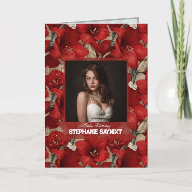 Tarjeta Amaryllis Rojo Jardín Hito Cumpleaños Boho (Anverso)
