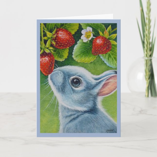 Tarjeta American Blue Rabbit & Strawberries Watercolor Art (Anverso)