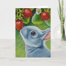 American Blue Rabbit & Strawberries Watercolor Art