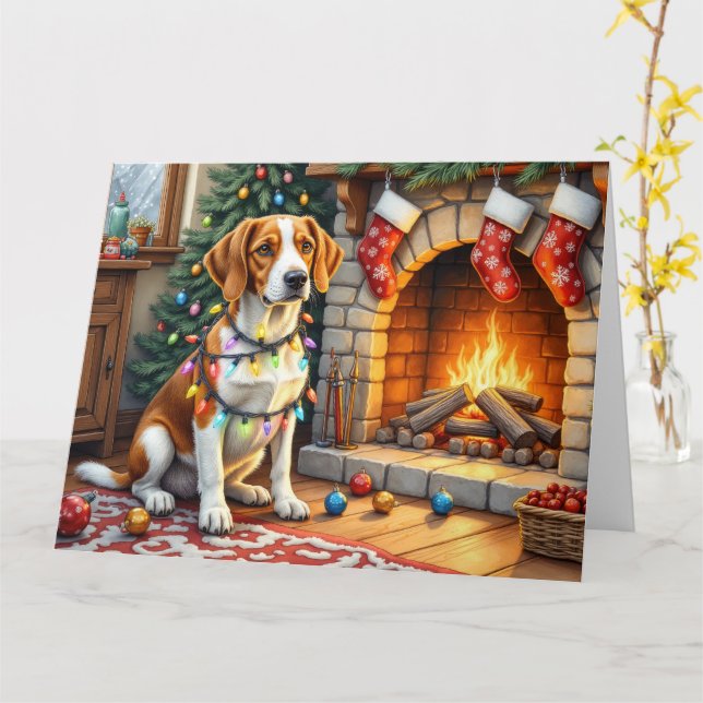 Tarjeta American English Foxhound Christmas Lights  (flor amarilla)