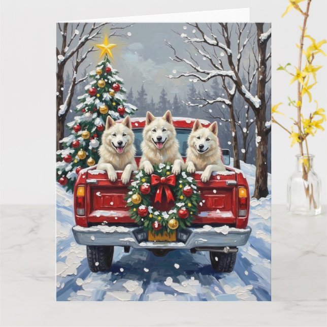 Tarjeta American Eskimo Dog Christmas Red Truck Holiday (flor amarilla)