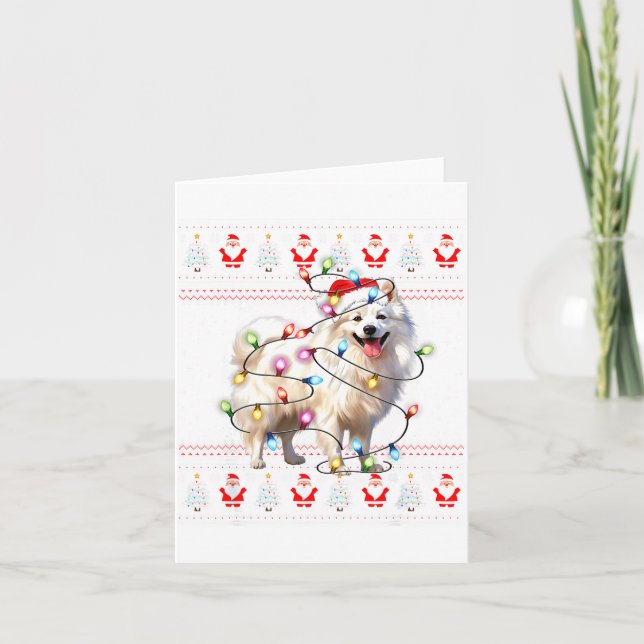 Tarjeta American Eskimo Dog Xmas Lights Ugly Sweater Chris (Anverso)