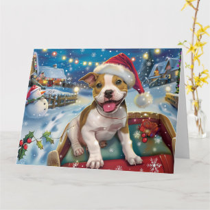 Tarjeta American Staffordshire en trineo de nieve Navidad