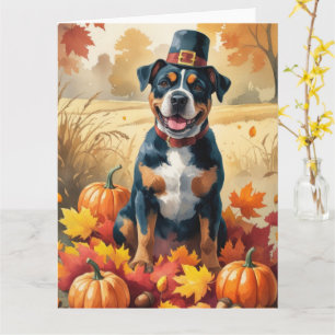 Tarjeta American Staffordshire entre Hojas de Otoño