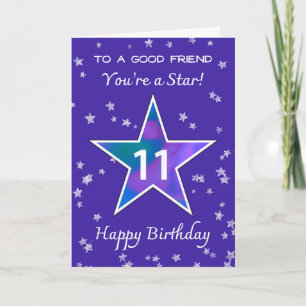 Tarjeta Amigo 11 cumpleaños estrella brillante violeta púr