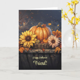Tarjeta Amigo Bonito Feliz Halloween con flores de otoño