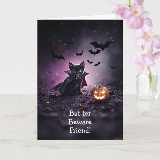 Tarjeta Amigo de Halloween, dulce y gracioso gatito negro (Orquídea)