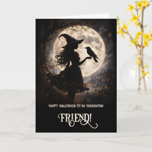 Tarjeta Amigo Feliz Halloween Bruja Linda en la Luz de la 