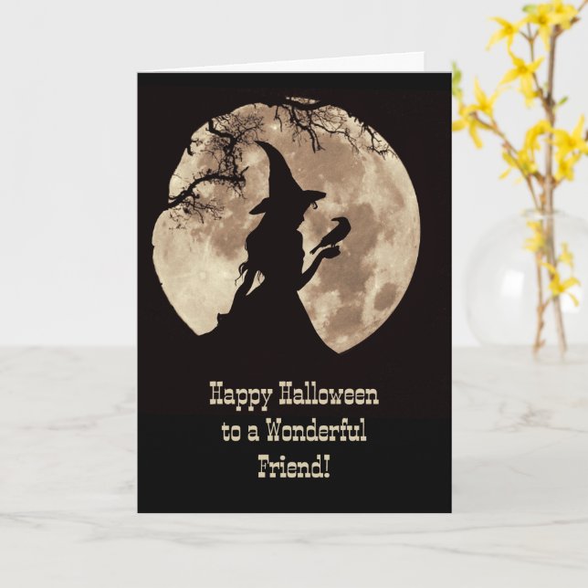 Tarjeta Amigo Feliz Halloween, dulce bruja a la luz de la  (flor amarilla)