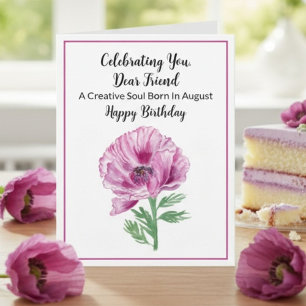 Tarjeta Amigo Happy August Birthday Purple Poppy