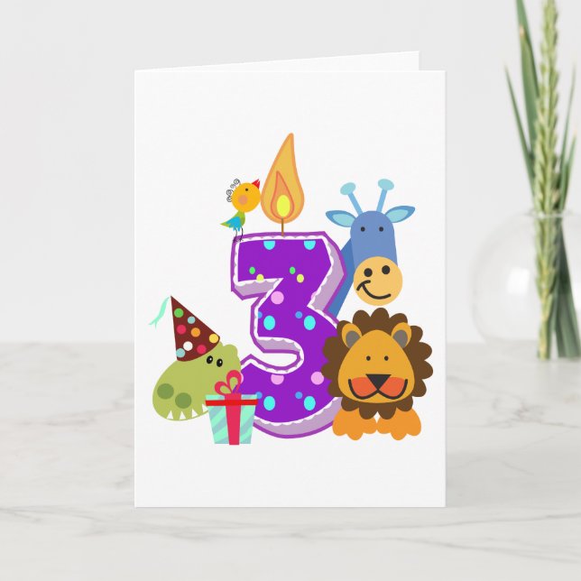 Tarjeta Amigos animales del tercer cumpleaños de la selva (Anverso)