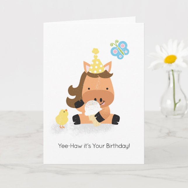 Tarjeta Amigos de granja Perky Pony Feliz cumpleaños (Planta pequeña)