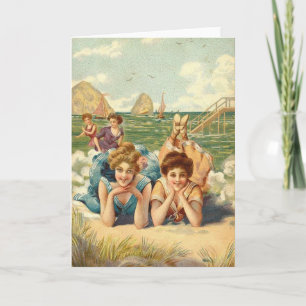 Tarjeta Amigos de la vintage mujer en la playa,