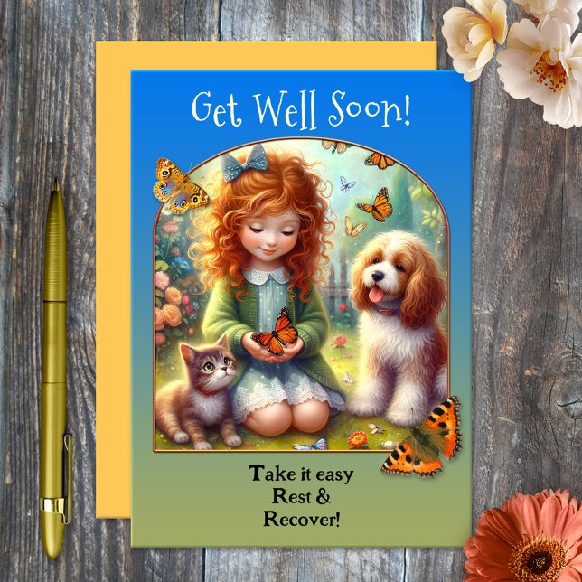 Tarjeta Amigos de los animales curados se recuperan pronto (Cute Get Well Soon card featuring a painting of a girl with butterflies, a cute kitty and dog)