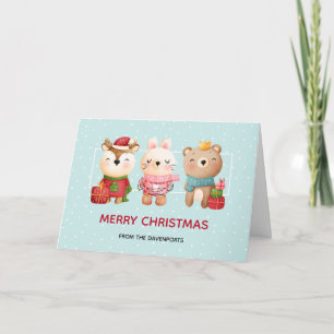 Tarjeta Amigos de Navidad - Oso Reno y Conejo de Vacacione