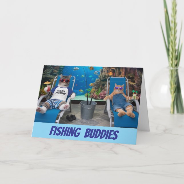 Tarjeta Amigos divertidos de gato atigrado pescando (Anverso)