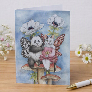 Tarjeta Amigos hada Panda y Gato con Flores de Anémona