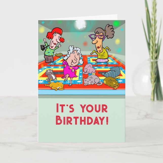 Tarjeta Amigos locos de la dama del gato bailando en una d (Anverso)