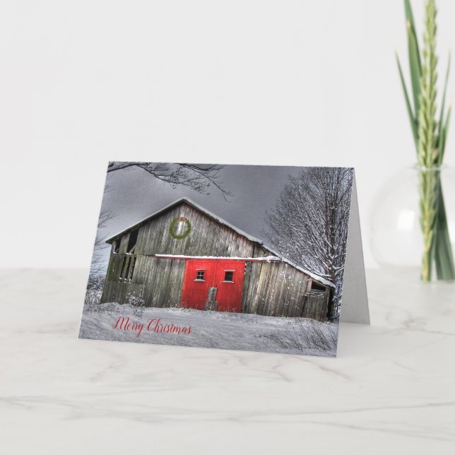 Tarjeta Amigos Navidades en un viejo granero con puerta ro (Anverso)