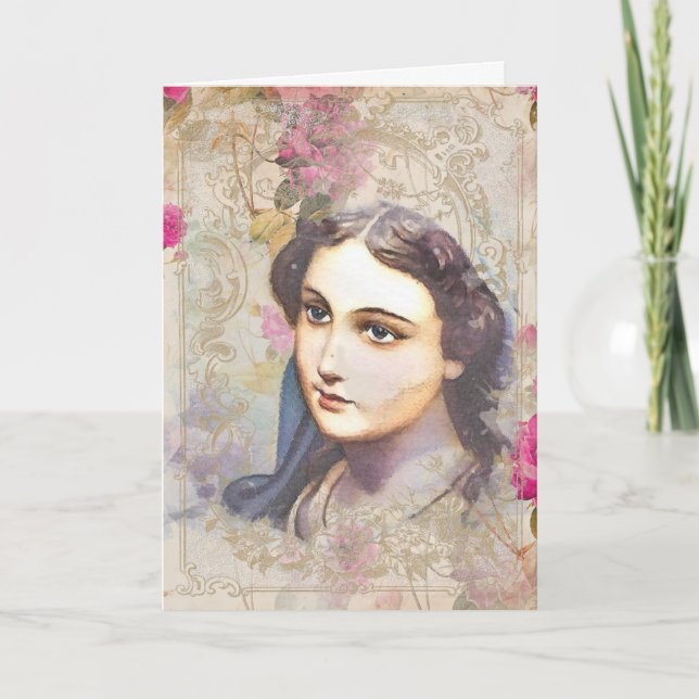 Tarjeta Amistad Religiosa Oración Virgen María Vintage (Anverso)